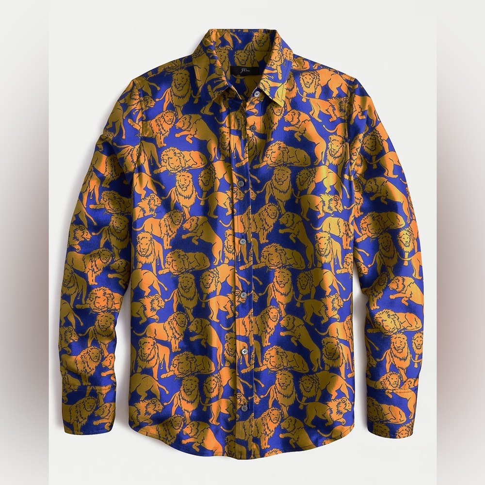 Men's Blue and Orange Lion Print Shirt